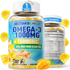 Nextdia Vegan Omega-3 Gummies bottle front with turmeric highlighting a plant-based mobility option