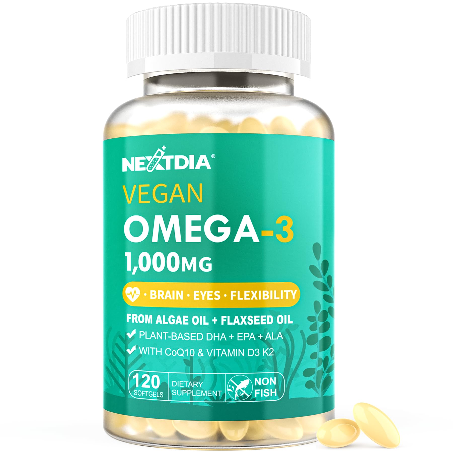 Nextdia vegan omega3 bottle with softgels to support daily brain and heart health
