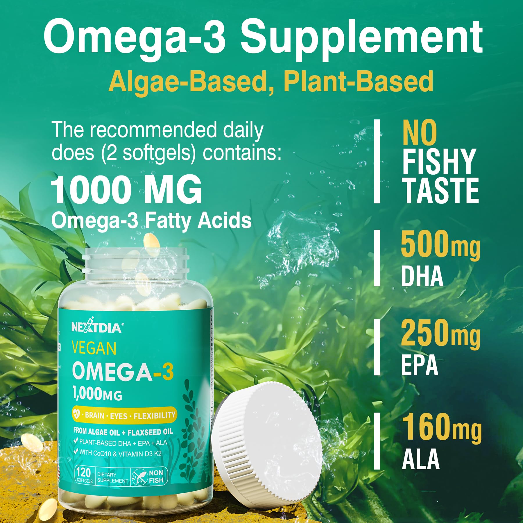 Nextdia vegan omega3 label closeup highlighting DHA EPA ALA from algae