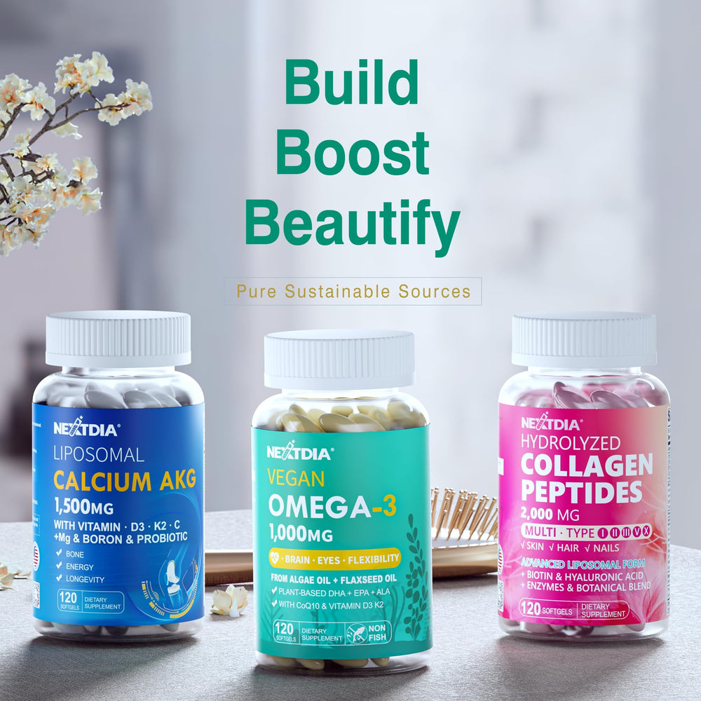 Nextdia vegan omega3 bottle beside water for convenient daily use