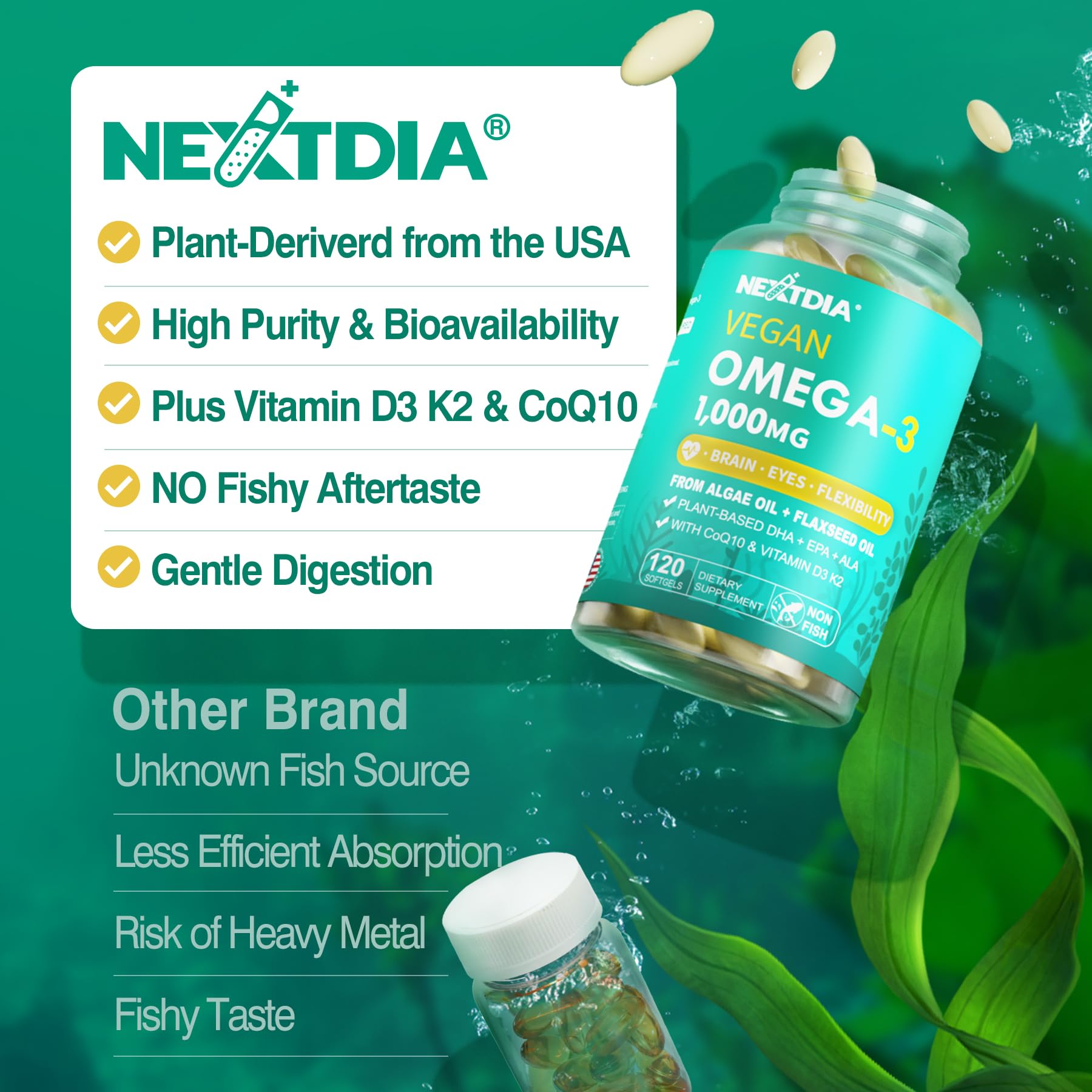 Nextdia vegan omega3 packaging on a kitchen counter