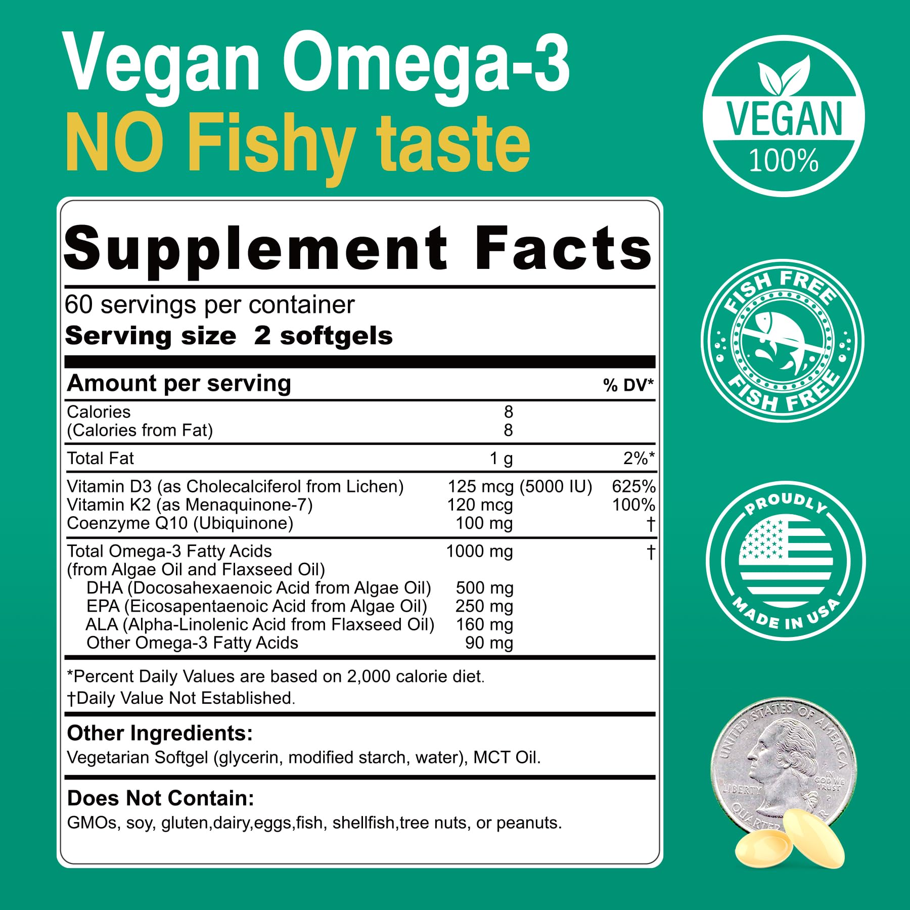 Nextdia vegan omega3 softgels close-up highlighting plant-based DHA and EPA.