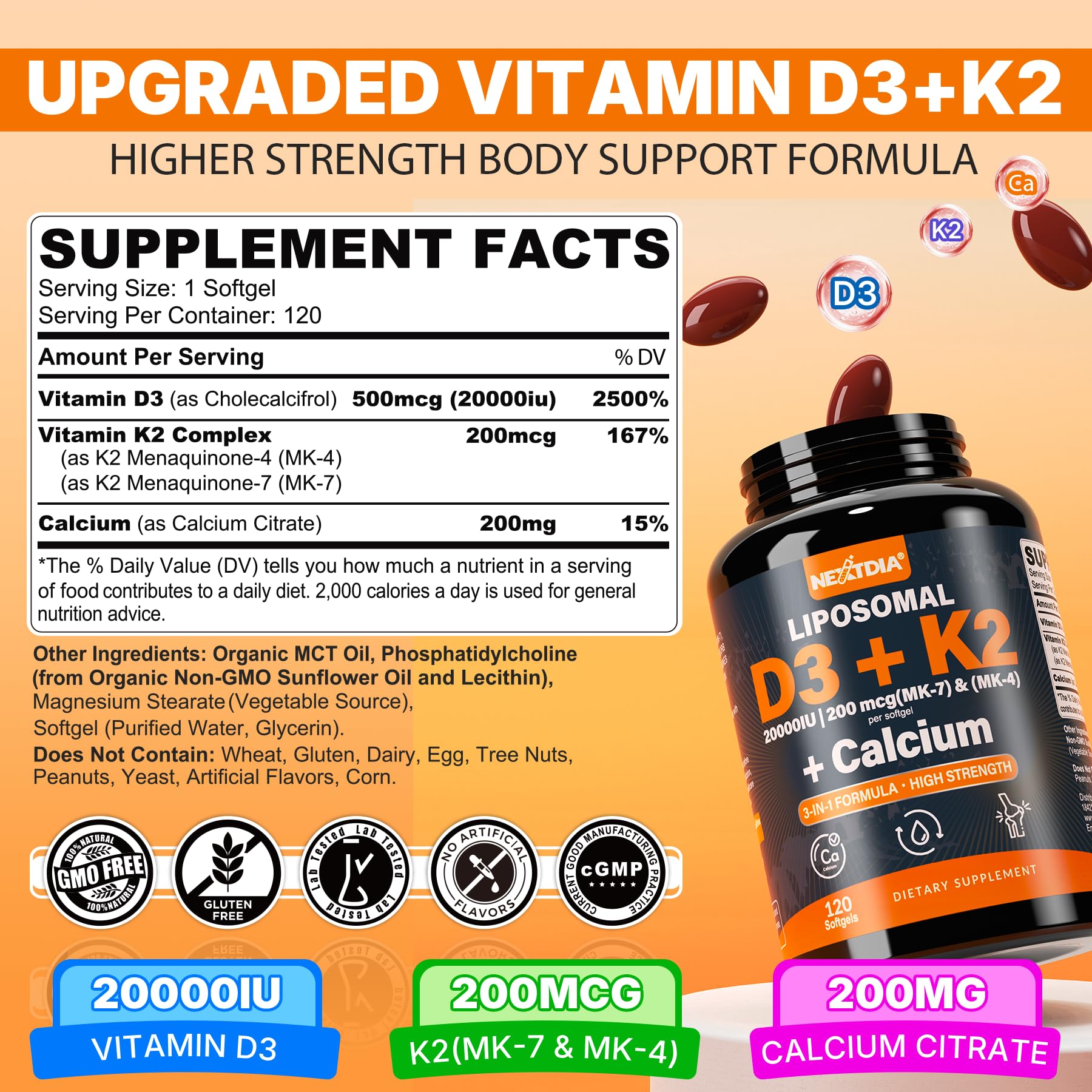 Nextdia 2-pack bottle of vitamin D3 K2 for daily supplementation.