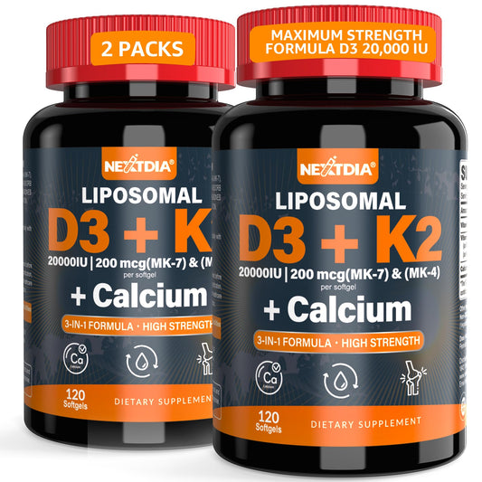 Nextdia Vitamin D3 20,000 IU K2 softgel bottle supports bone and muscle health.