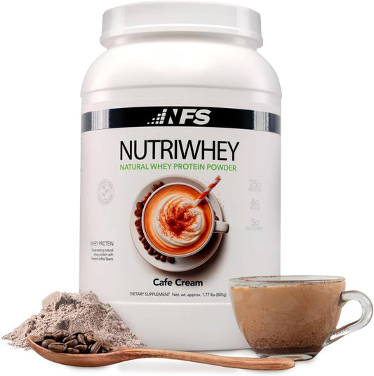 NF Sports NutriWhey Cafe Cream tub front shows premium protein for daily use