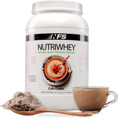 NF Sports NutriWhey Cafe Cream tub front shows premium protein for daily use