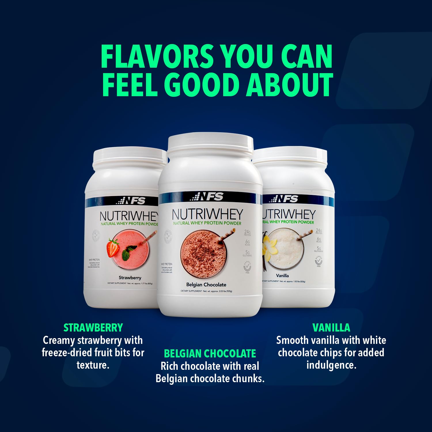NF Sports NutriWhey vanilla powder with gym backdrop promotes active lifestyle.