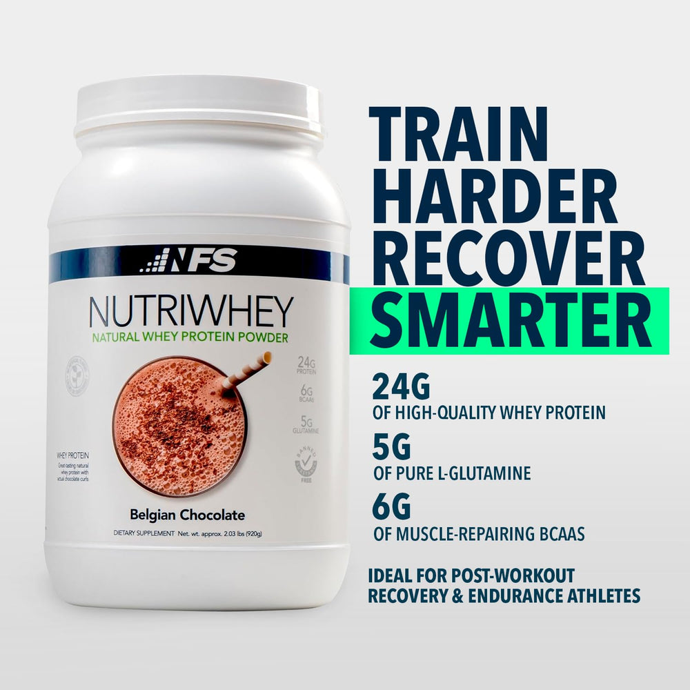 NF Sports NutriWhey vanilla protein shake glass showing smooth, convenient recovery drink.