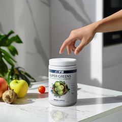NF Sports Super Greens probiotics bottle concept implies gut-friendly daily routine