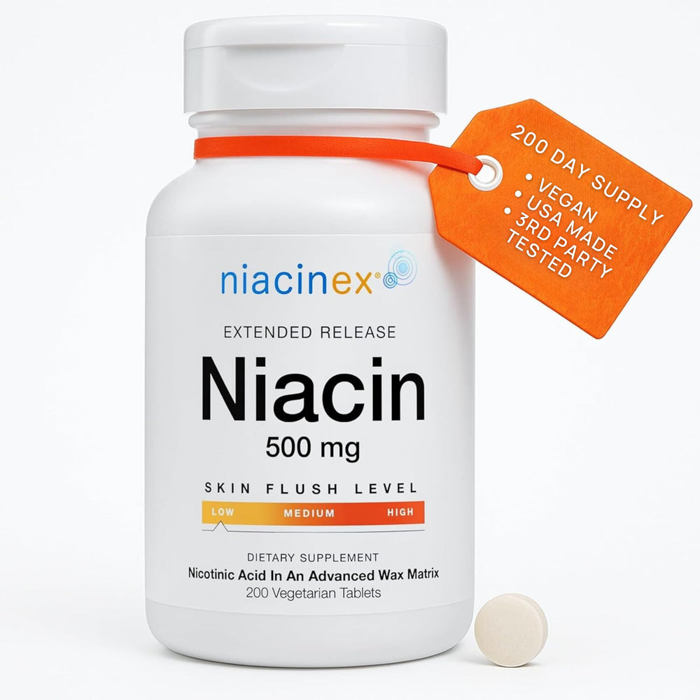 Niacinex bottle front shows extended time-release vitamin B3 for heart health support