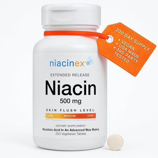Niacinex bottle front shows extended time-release vitamin B3 for heart health support