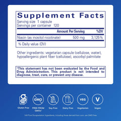 Niacitol 500mg capsules close-up highlighting hypoallergenic formulation and smooth coating