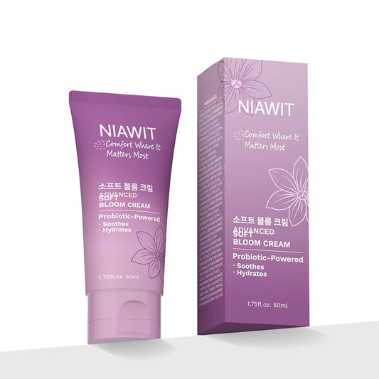 NIAWIT Estrogen Cream bottle closeup showing soothing, hydrating care for intimate skin.