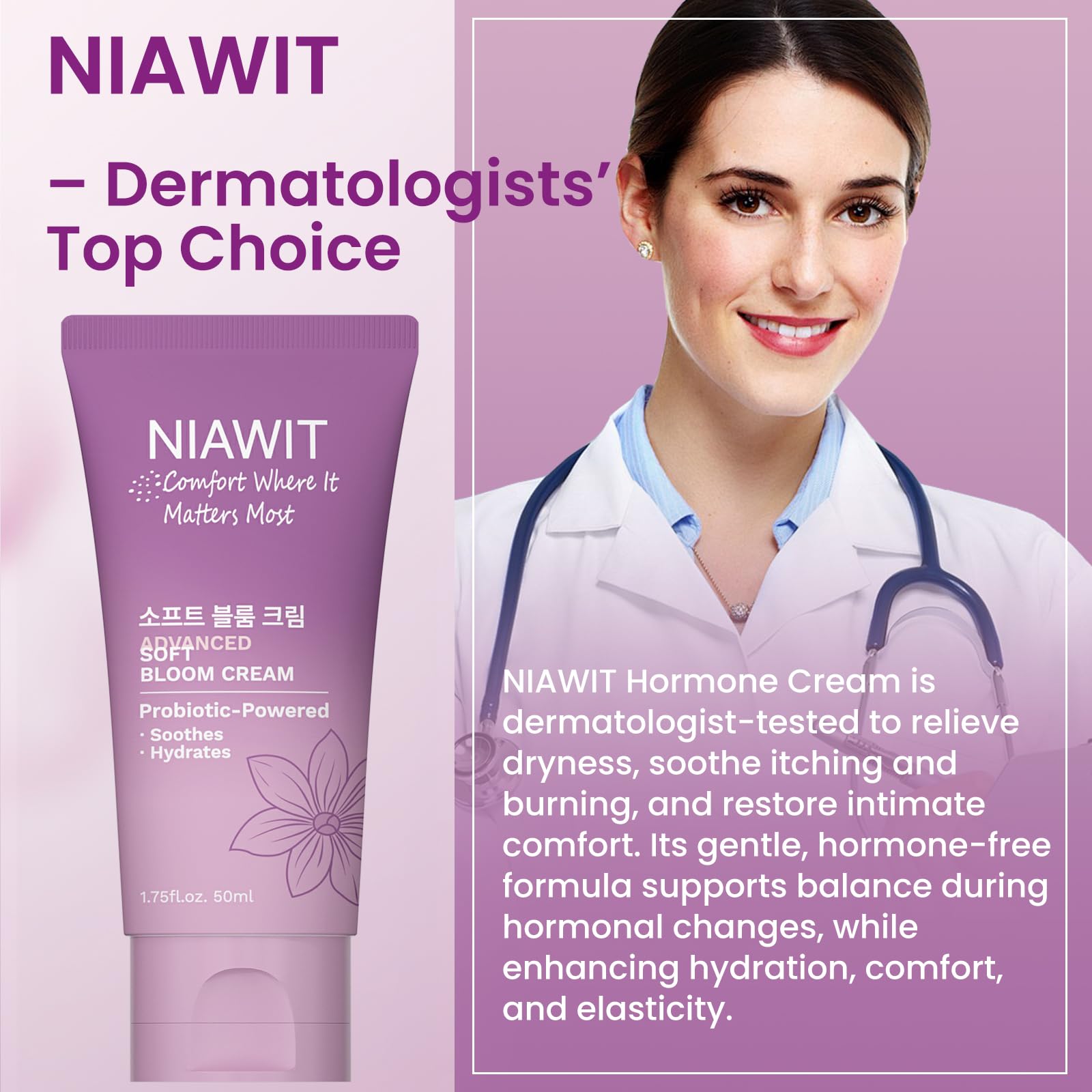 NIAWIT cream with dermatologist-tested note suggests gentle, skin-friendly formulation.
