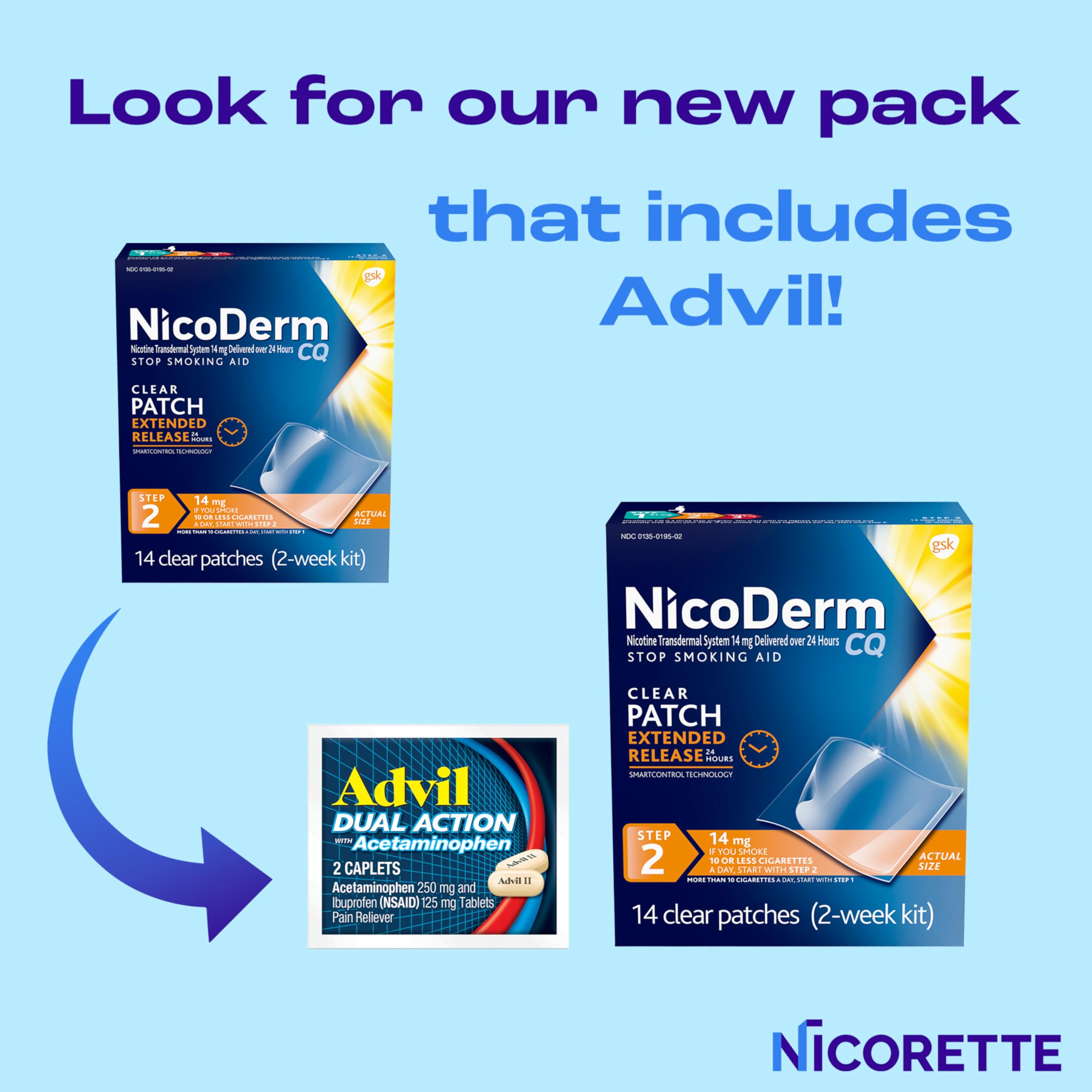 NicoDerm CQ Step 2 patch pack back with usage details for cravings control.