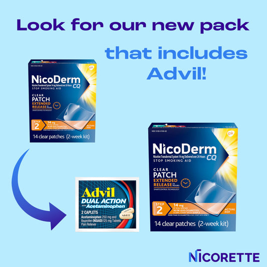 NicoDerm CQ Step 2 patch pack back with usage details for cravings control.