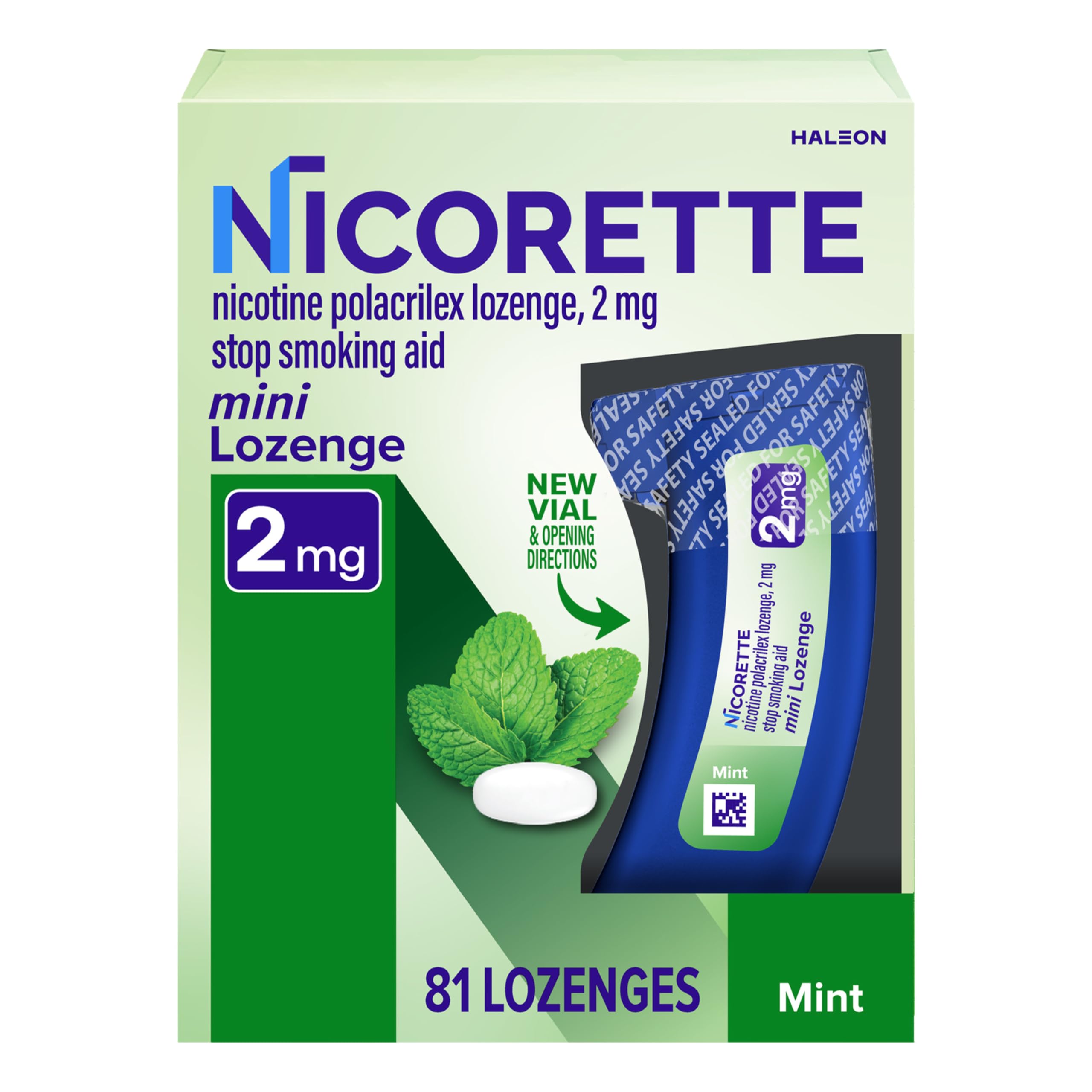 Nicorette 2mg mini lozenges mint with dispenser for discreet on-the-go craving relief.