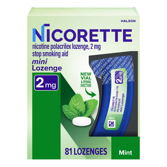 Nicorette 2mg mini lozenges mint with dispenser for discreet on-the-go craving relief.