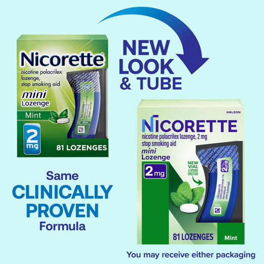 Nicorette mint lozenges 81-count package highlights long-term quit support.