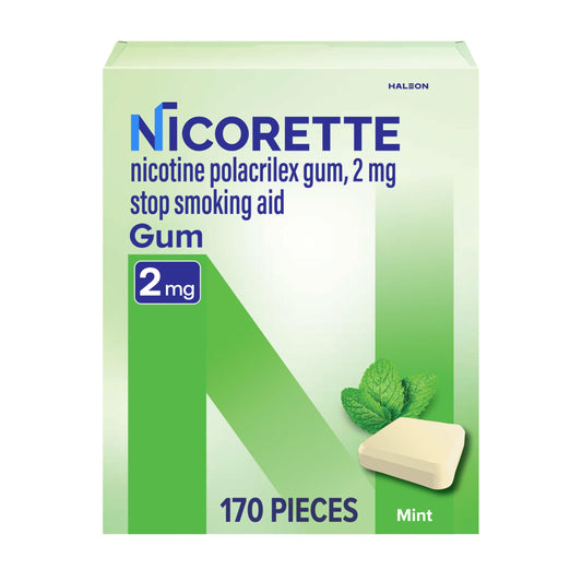 Nicorette 2mg Mint Gum can front shows packaging for easy cravings relief on the go