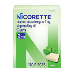 Nicorette 2mg Mint Gum can front shows packaging for easy cravings relief on the go