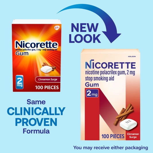 Nicorette 2 mg gum cinnamon-surge pieces ready to help manage cravings.