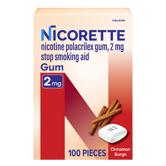 Nicorette Cinnamon Surge gum packaging front showing the 100-count box for quitting support.
