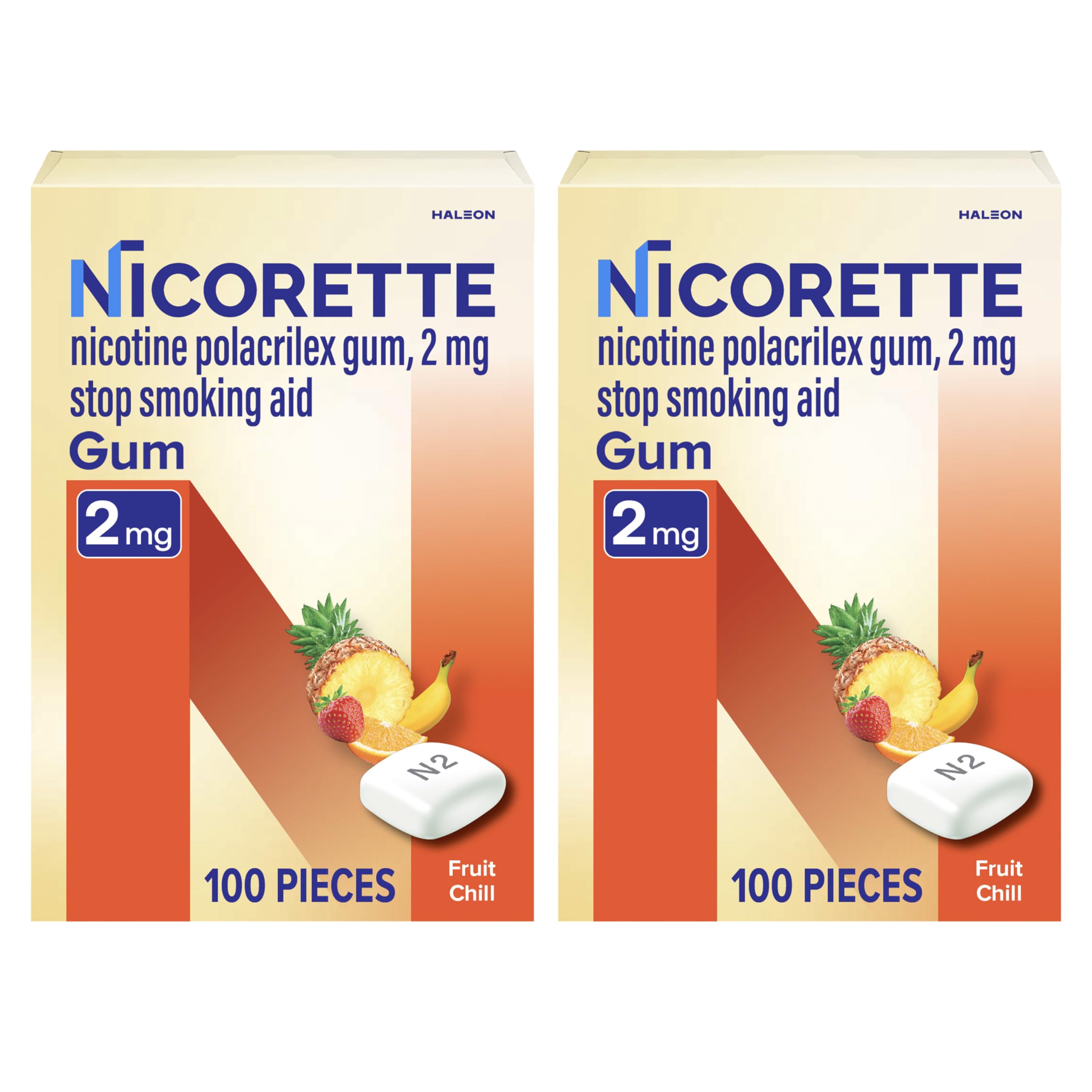 Nicorette 2 mg Fruit Chill gum pack for lasting flavor and craving relief.