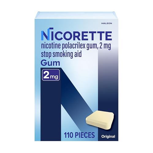 Nicorette 2 mg original flavor gum packaging box with 110-count for quit support