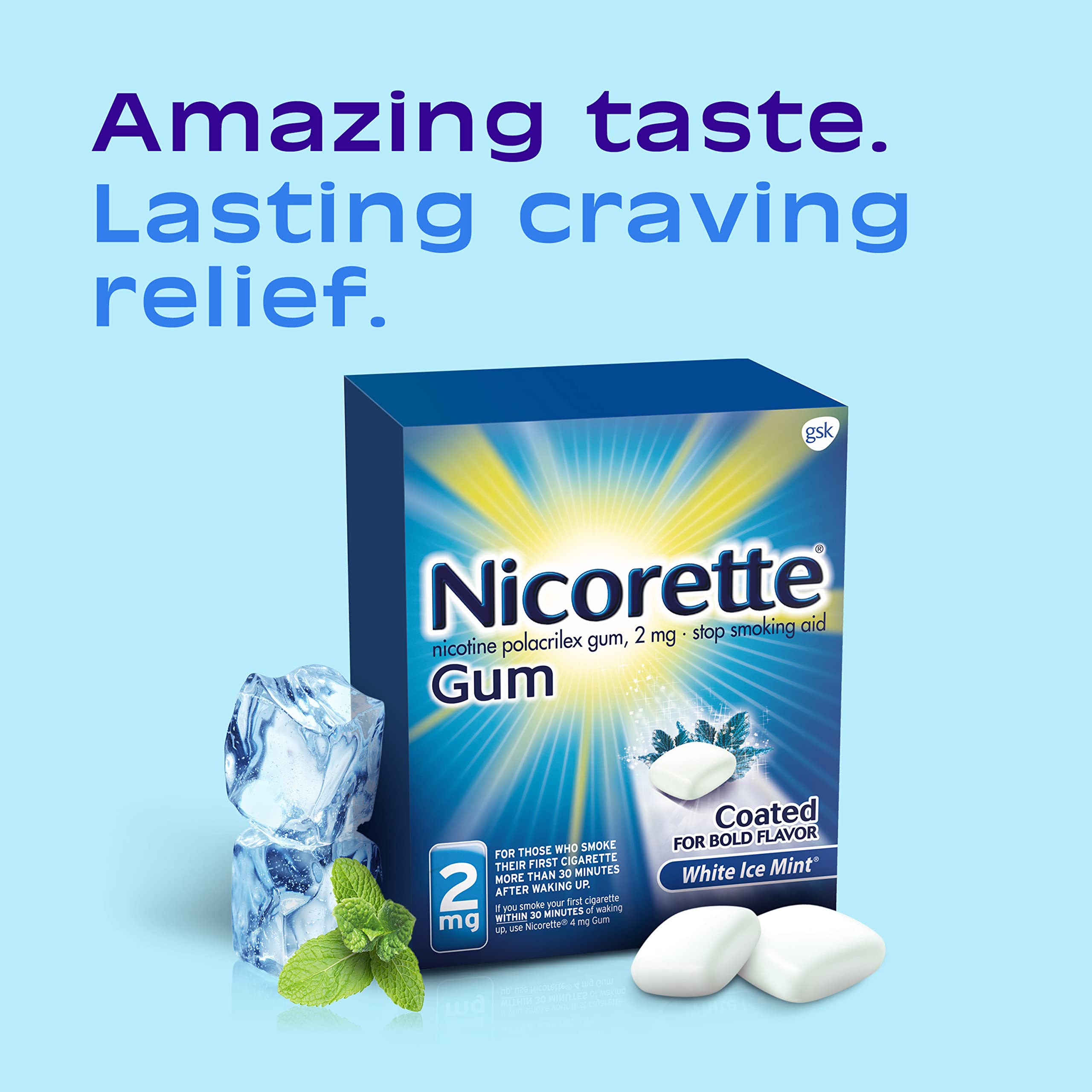 Nicorette 2 mg nicotine gum White Ice Mint pack back showing full 160-count box.