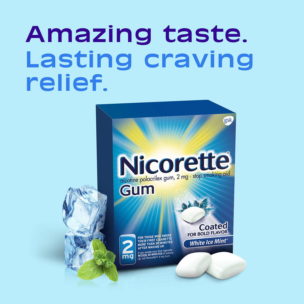 Nicorette 2 mg nicotine gum White Ice Mint pack back showing full 160-count box.