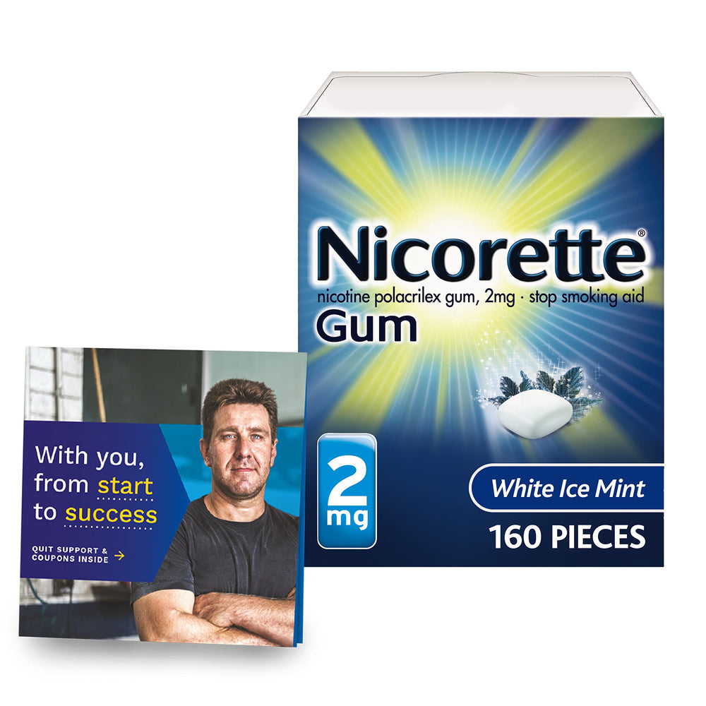 Nicorette 2 mg nicotine gum White Ice Mint pack front, craving relief at hand.