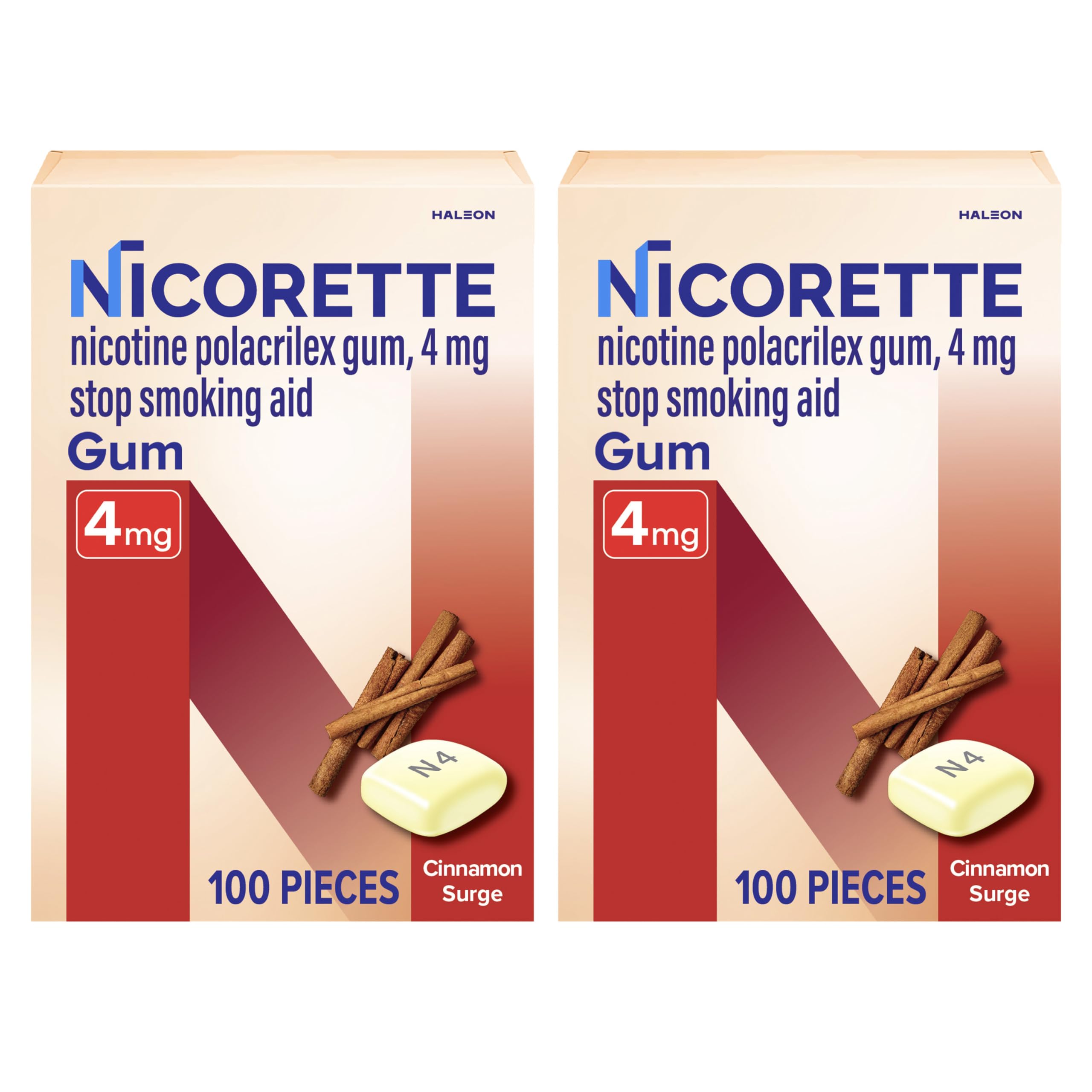 Nicorette Cinnamon Surge gum box with 2x100 count for cravings relief on the go.
