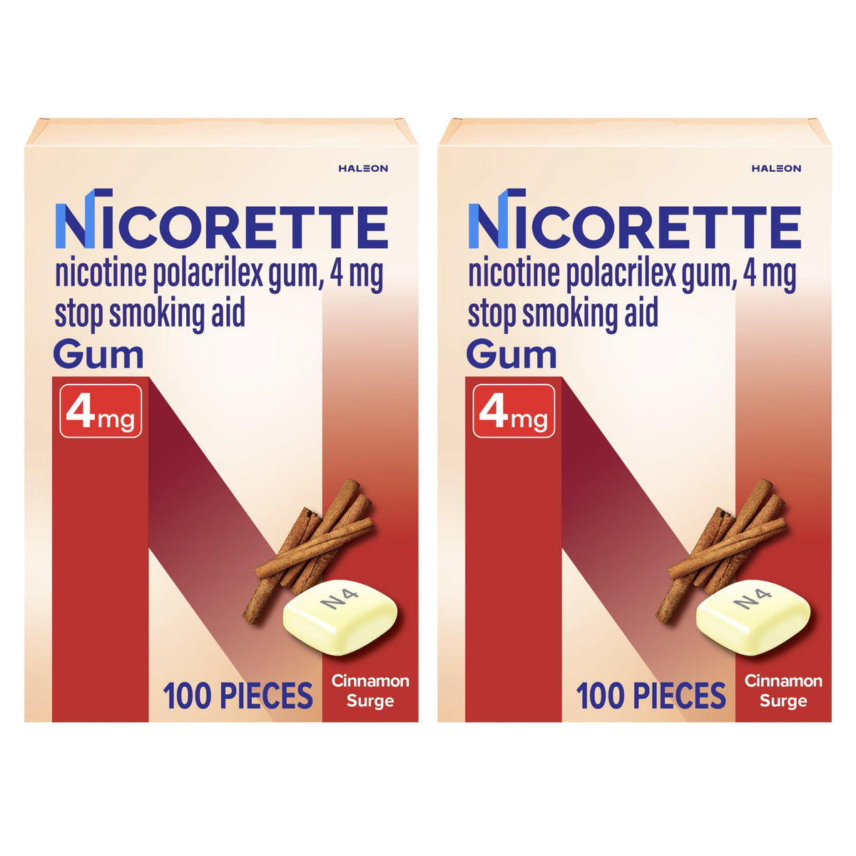 Nicorette Cinnamon Surge gum box with 2x100 count for cravings relief on the go.