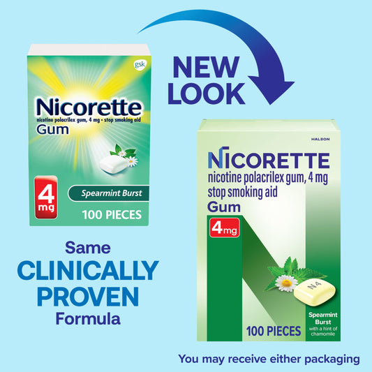 Nicorette 4mg Spearmint Burst gum closeup highlighting flavor and chew action