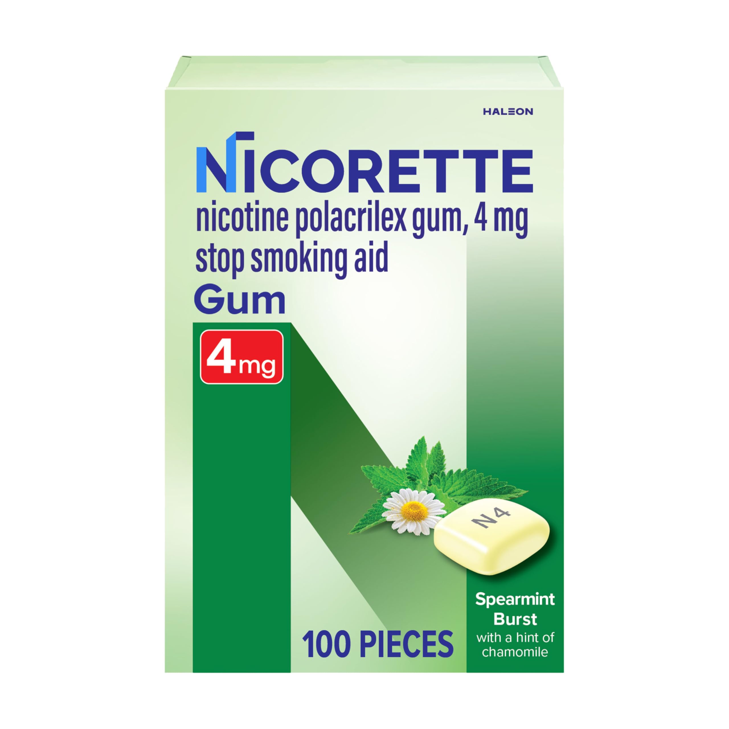 Nicorette 4mg Spearmint Burst pack shot showing a 100-count box for quitting support