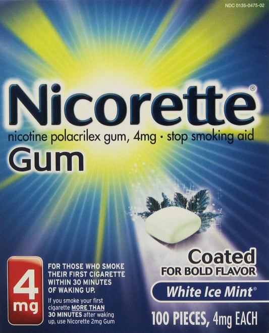 Nicorette 4mg White Ice Mint bottle for convenient cravings management.