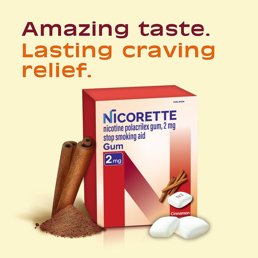 Nicorette Cinnamon Surge 2 mg gum bottle for on-the-go quit support.