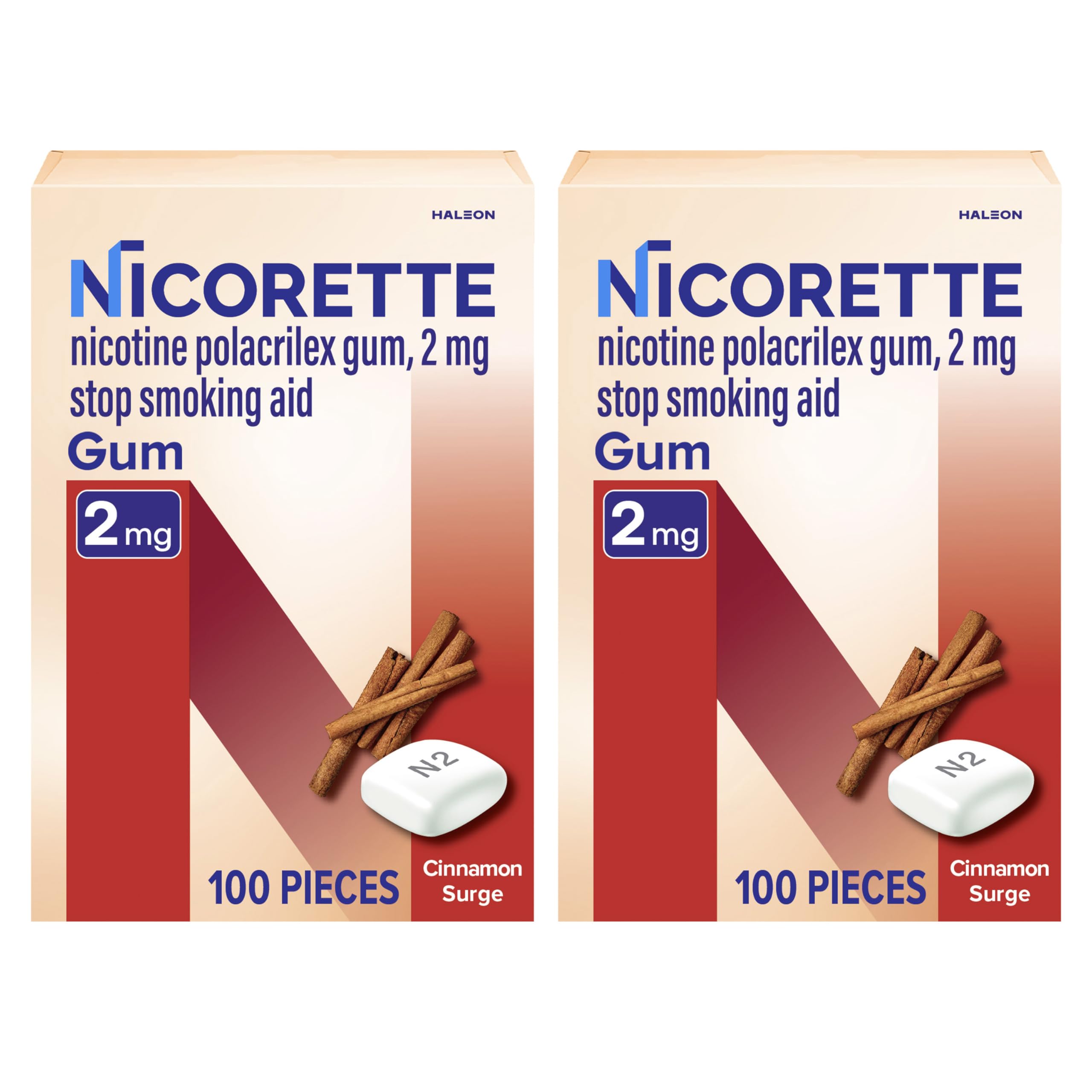 Nicorette Cinnamon Surge gum packaging shows a portable quit aid to manage cravings.