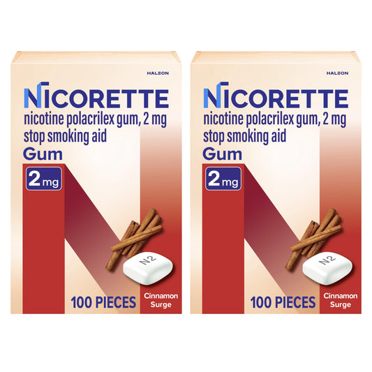 Nicorette Cinnamon Surge gum packaging shows a portable quit aid to manage cravings.
