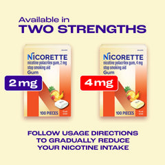 Nicorette Fruit Chill flavor gum strip emphasizes convenient format.