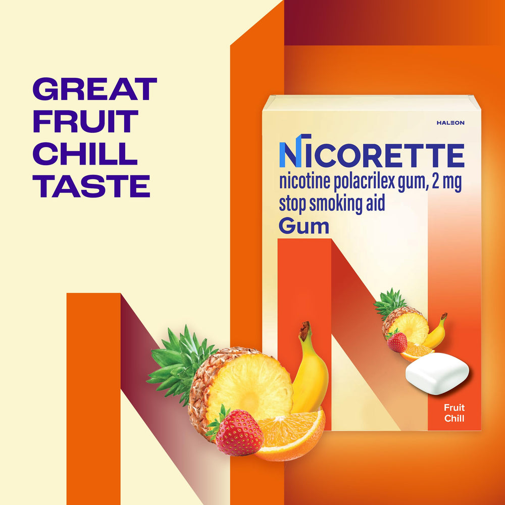 Nicorette Fruit Chill gum label highlights dosage and usage guidance.