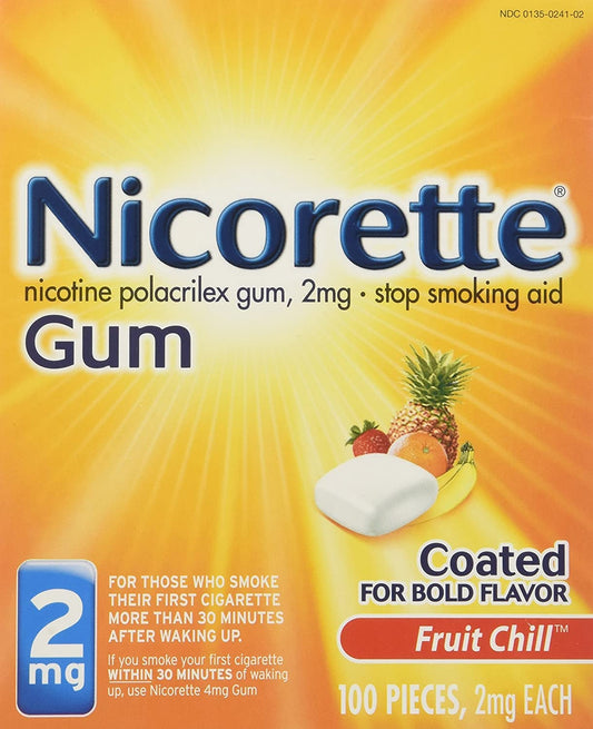 Nicorette Gum 2 mg kit Fruit Chill packaging for on-the-go cravings relief.