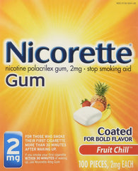 Nicorette Gum 2 mg kit Fruit Chill packaging for on-the-go cravings relief.