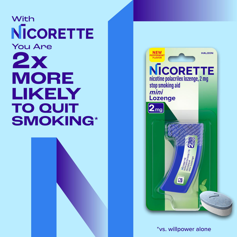 Nicorette Mini Lozenges dosing guide illustrates hourly usage and daily targets.