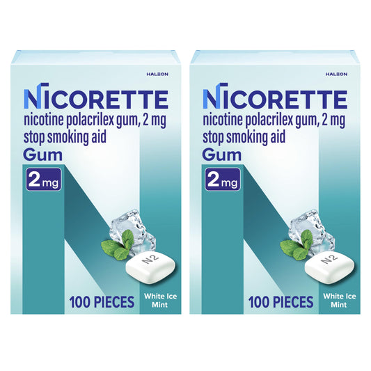 Nicorette nicotine gum 2 mg White Ice Mint box packaging shows 200-count supply for quit support