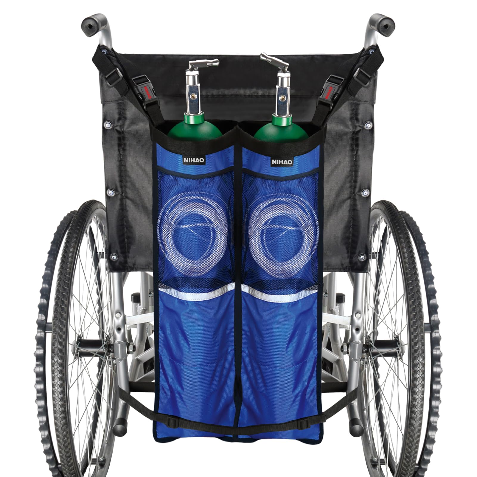 NIHAO dual oxygen tank holder attached to a wheelchair showing secure fit and ease of use