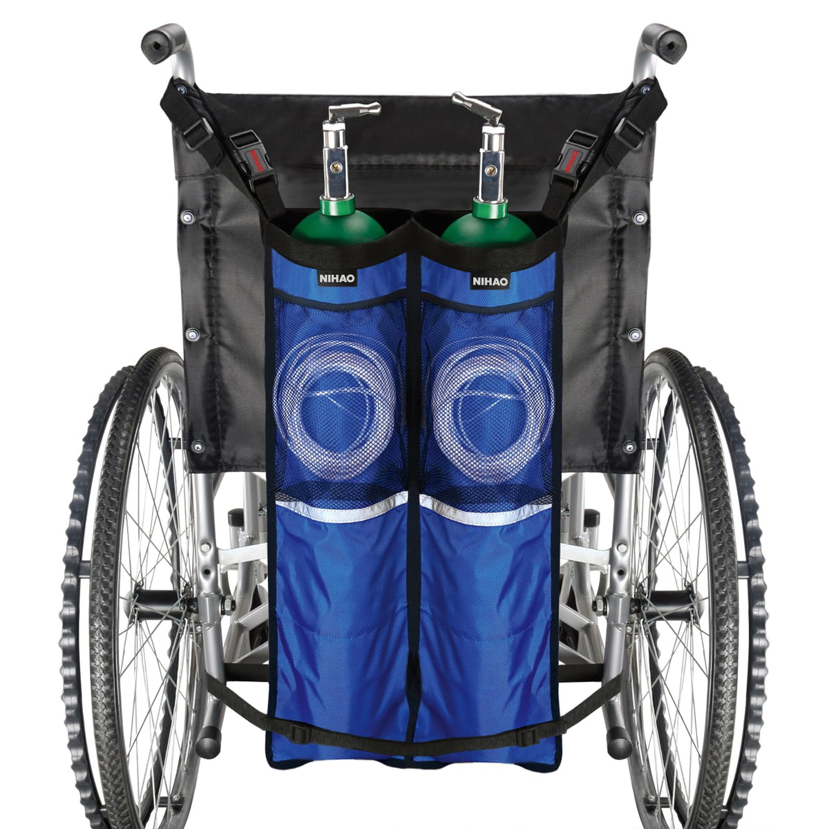 NIHAO dual oxygen tank holder attached to a wheelchair showing secure fit and ease of use