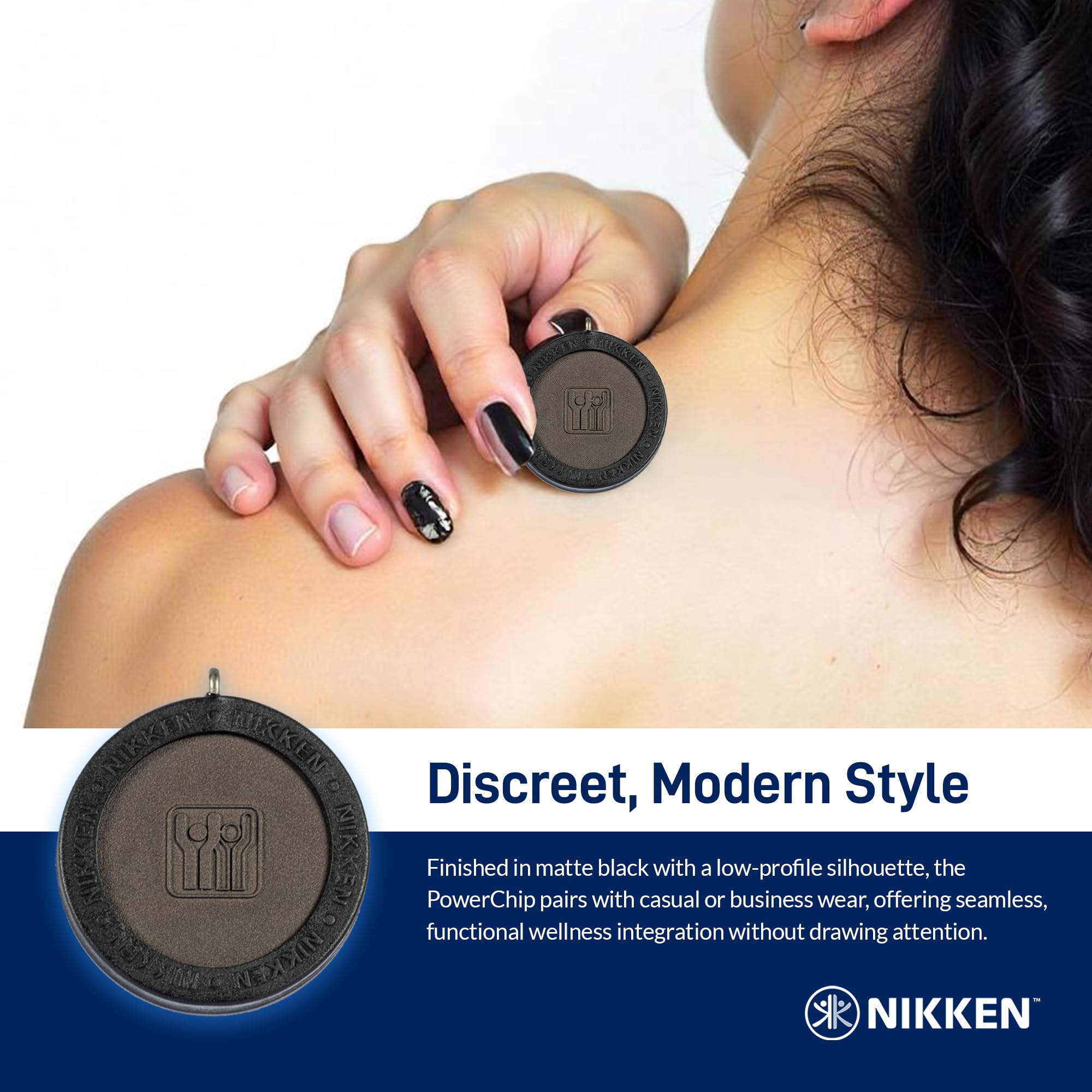 Nikken Kenko PowerChip Black close-up chip, smooth surface and beveled edges for comfort.