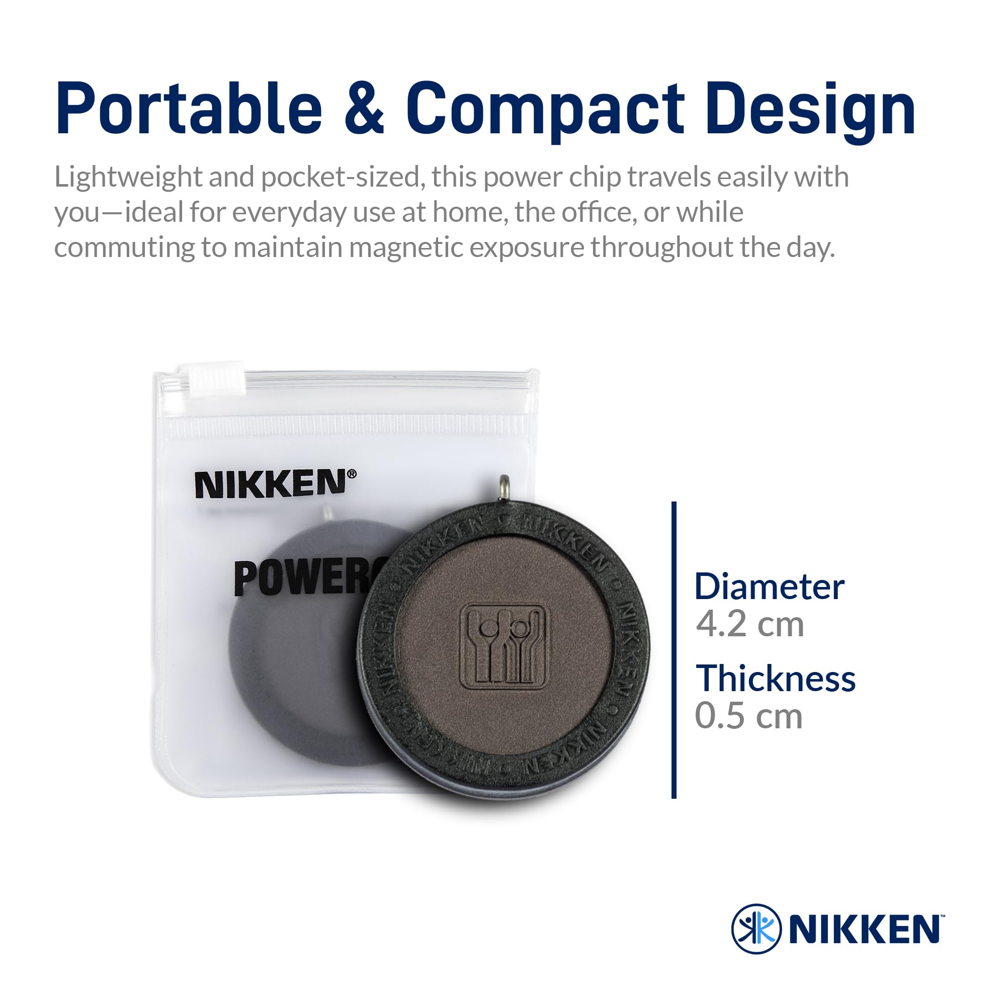 Nikken Kenko PowerChip Black flatlay, lifestyle-ready setup highlighting portable magnetic chip.